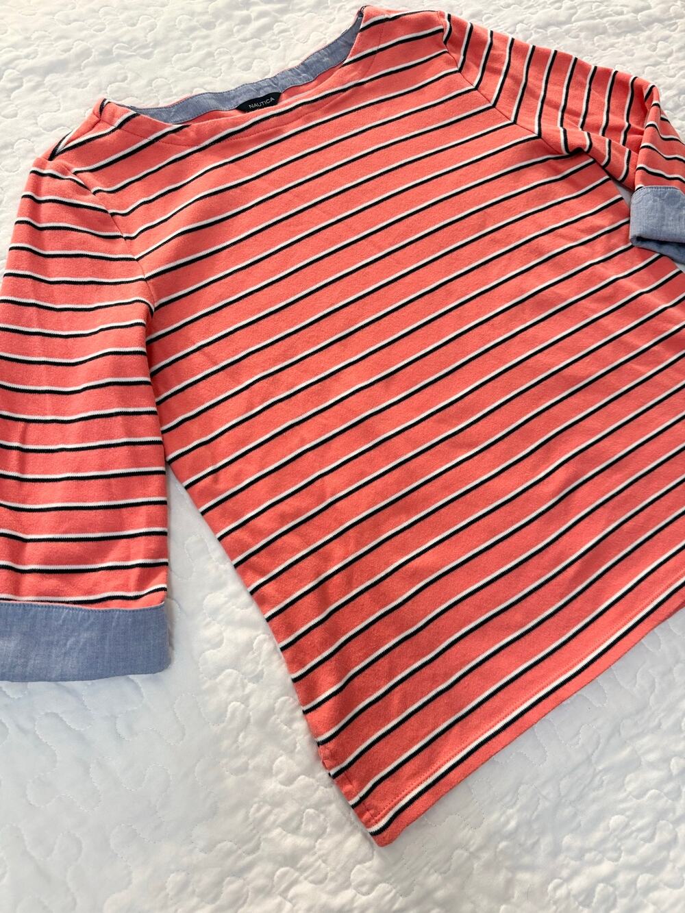 WOMEN NAUTICA SIZE XL CORAL BLUE FOLDED 3/4 SLEEVES STRIPED TOP WORK PREPPY